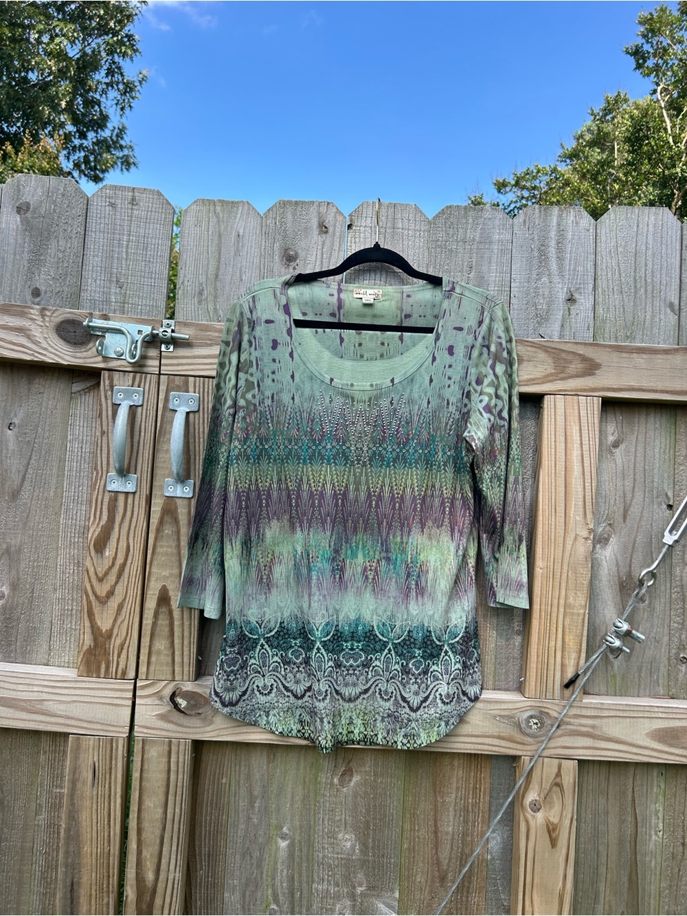 3/4 sleeve world unity top size XL green rhinestone bling fairy whimsy spring